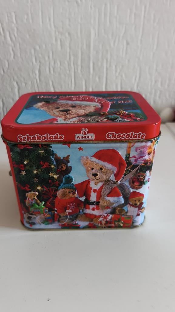Windel Muziekdoos Chocolade Blik Kerst Teddyberen, Ophalen of Verzenden, Gebruikt