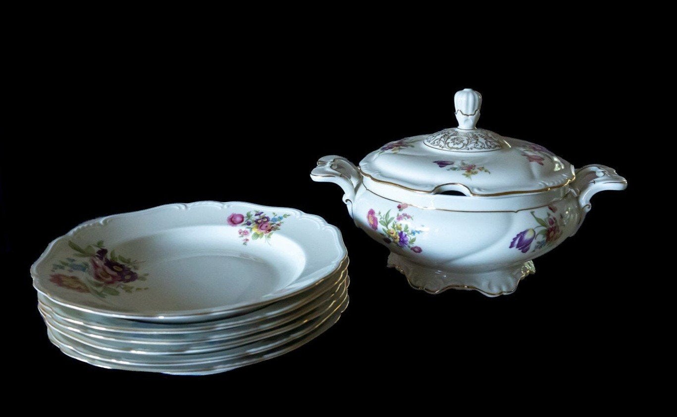 Servies voor Diner Bloemen Goudrand, Ophalen of Verzenden