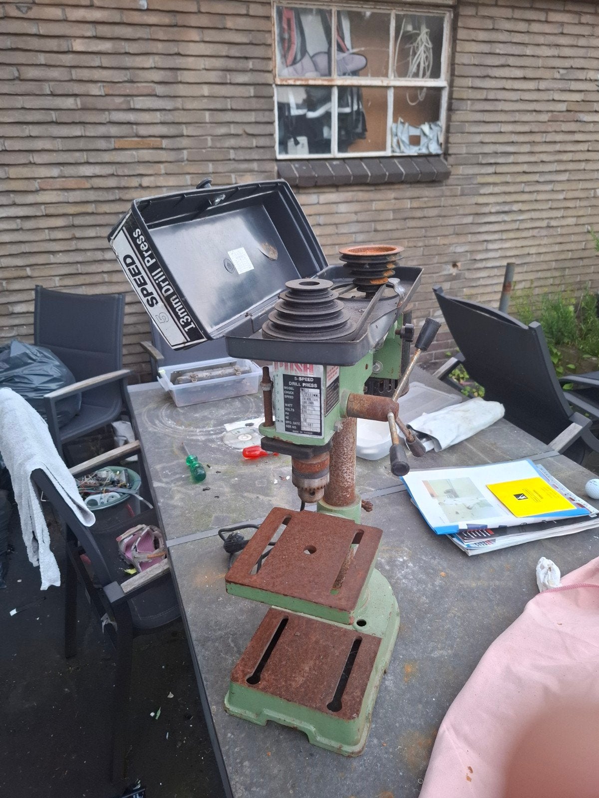 Kolomboormachine met 5 snelheden - werkt, Doe-het-zelf en Verbouw, Gereedschap | Boormachines, Ophalen, Gebruikt, Variabele snelheid