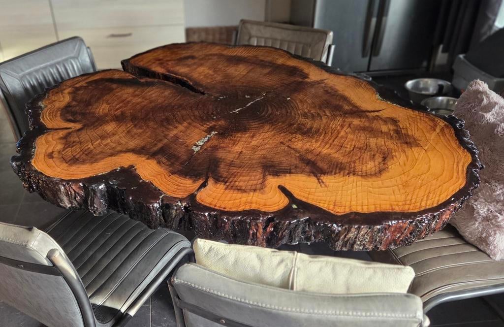 Epoxy Boomstamschijf tafel met ruw Opaal, Ophalen, Nieuw, Eettafel