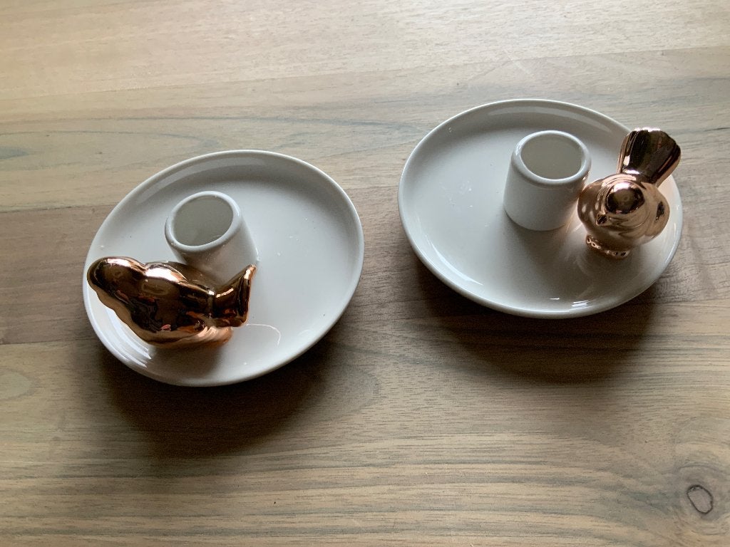 2 schattige Kaarsenstanders Wit met gouden vogeltjes, Wit, Nieuw, Ophalen of Verzenden, Steen/keramiek