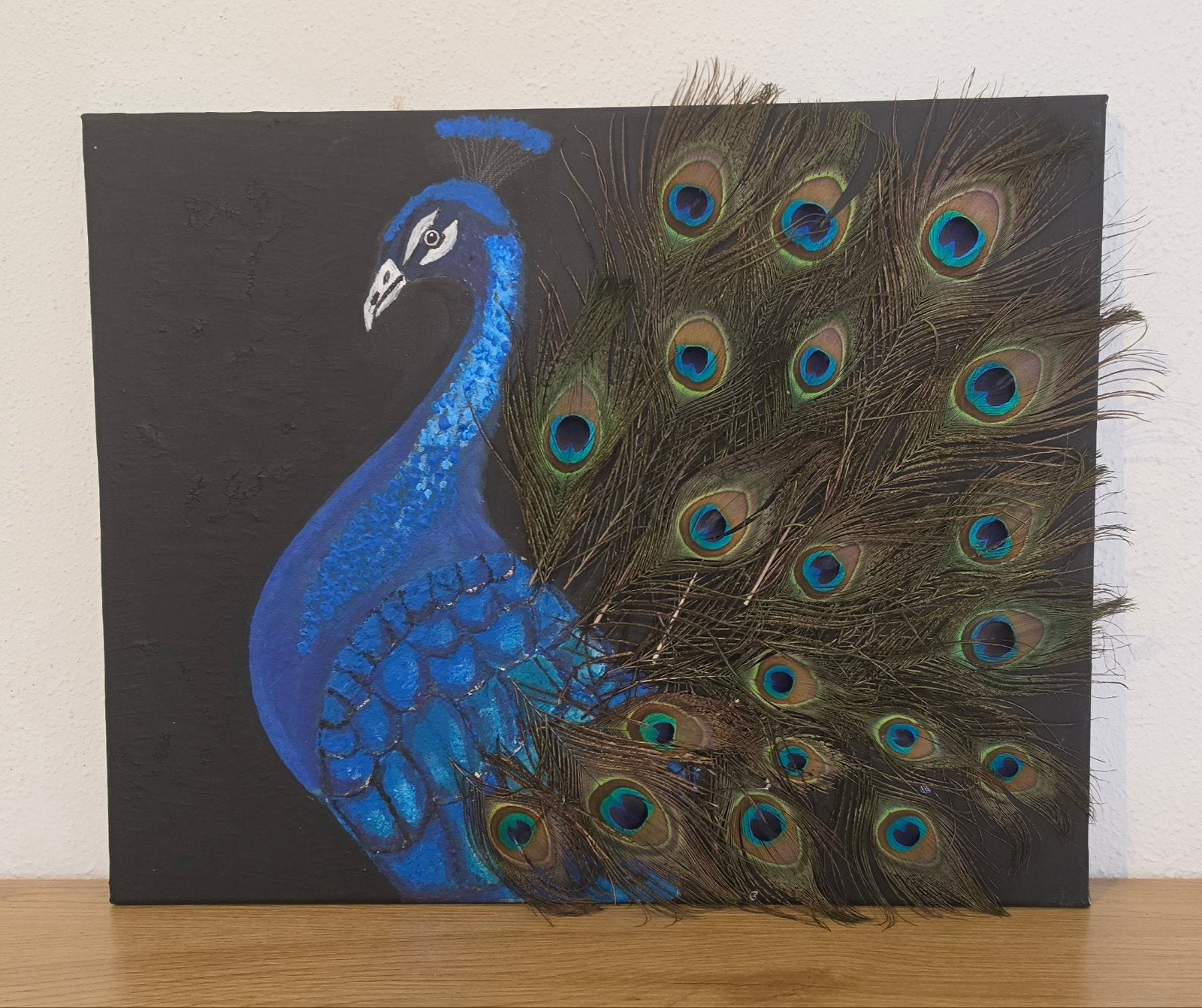 Schilderij Pauw met echte veren, Ophalen of Verzenden