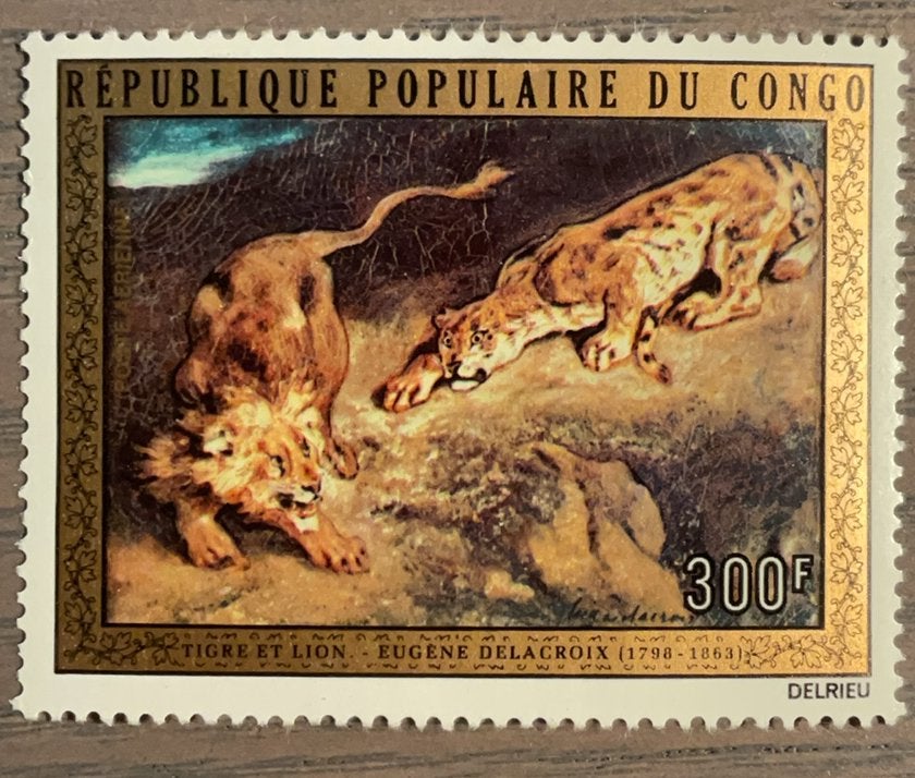 Congo Brazzaville - schilderij leeuw en tijger, Ophalen of Verzenden, Overige landen