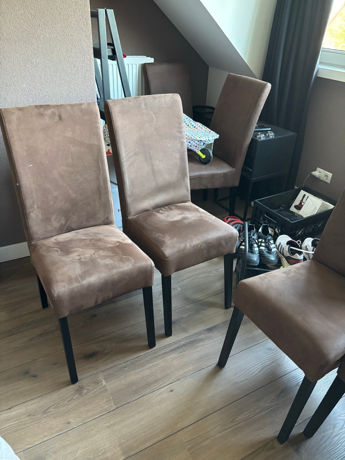 Set van 6 bruine eetkamerstoelen, Huis en Inrichting, Stoelen, Ophalen, Gebruikt, Bruin, Stof