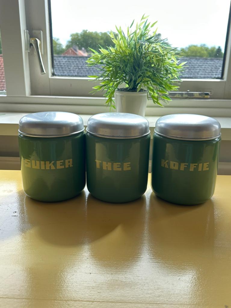 Antieke Emaille Blikken Thee, Koffie, Suiker, Ophalen, Zo goed als nieuw, Overige materialen, Pot, Bus of Blik