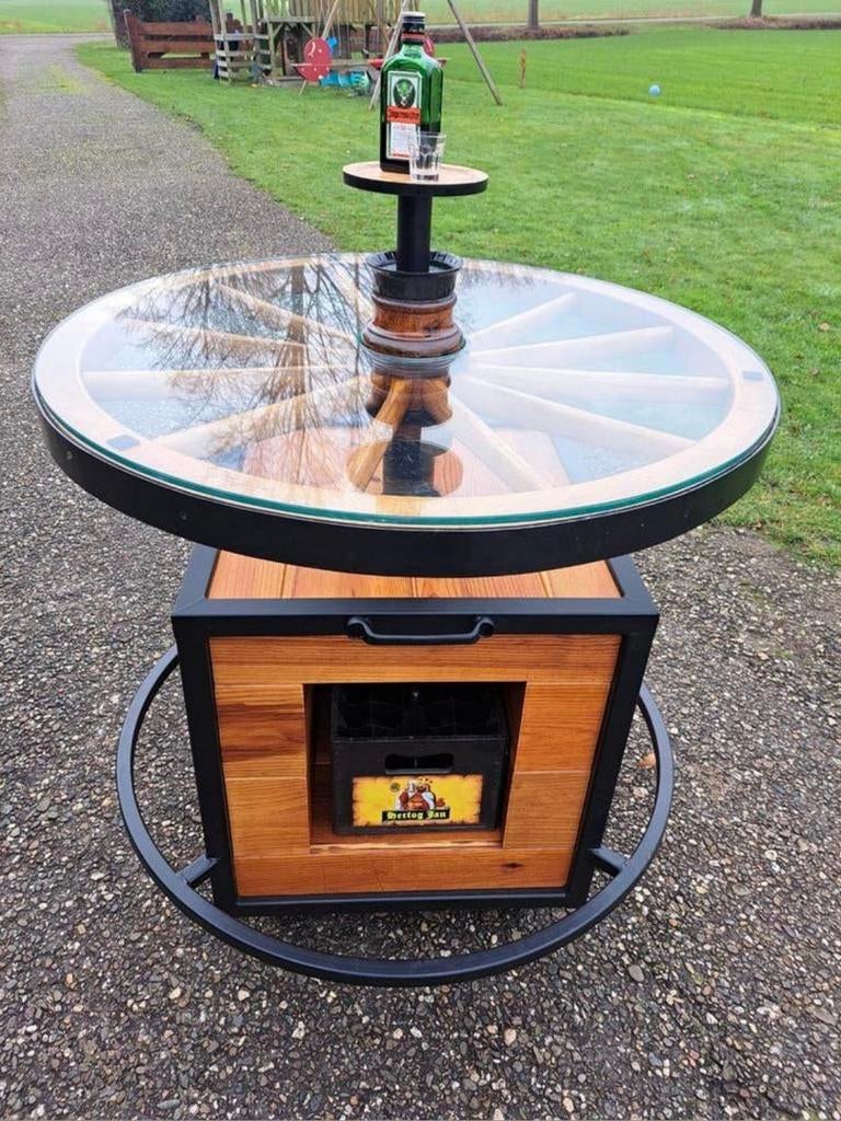 Wagenwiel statafel draaibaar bartafel met Glasplaat, Huis en Inrichting, Tafels | Salontafels, Gebruikt, 50 tot 75 cm, 50 tot 100 cm