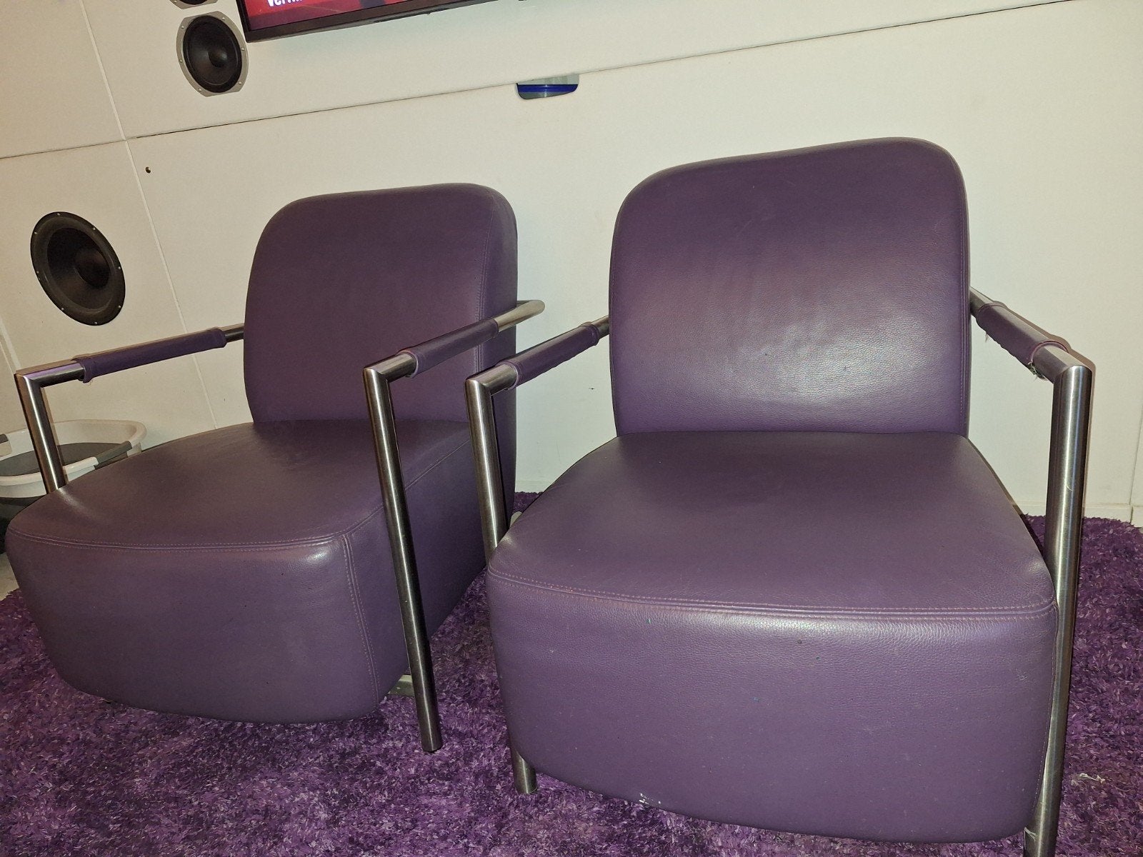 Paarse leren fauteuils - Bieden vanaf 50 euro - Nijmegen, Gebruikt, Ophalen of Verzenden, 75 tot 100 cm, Modern