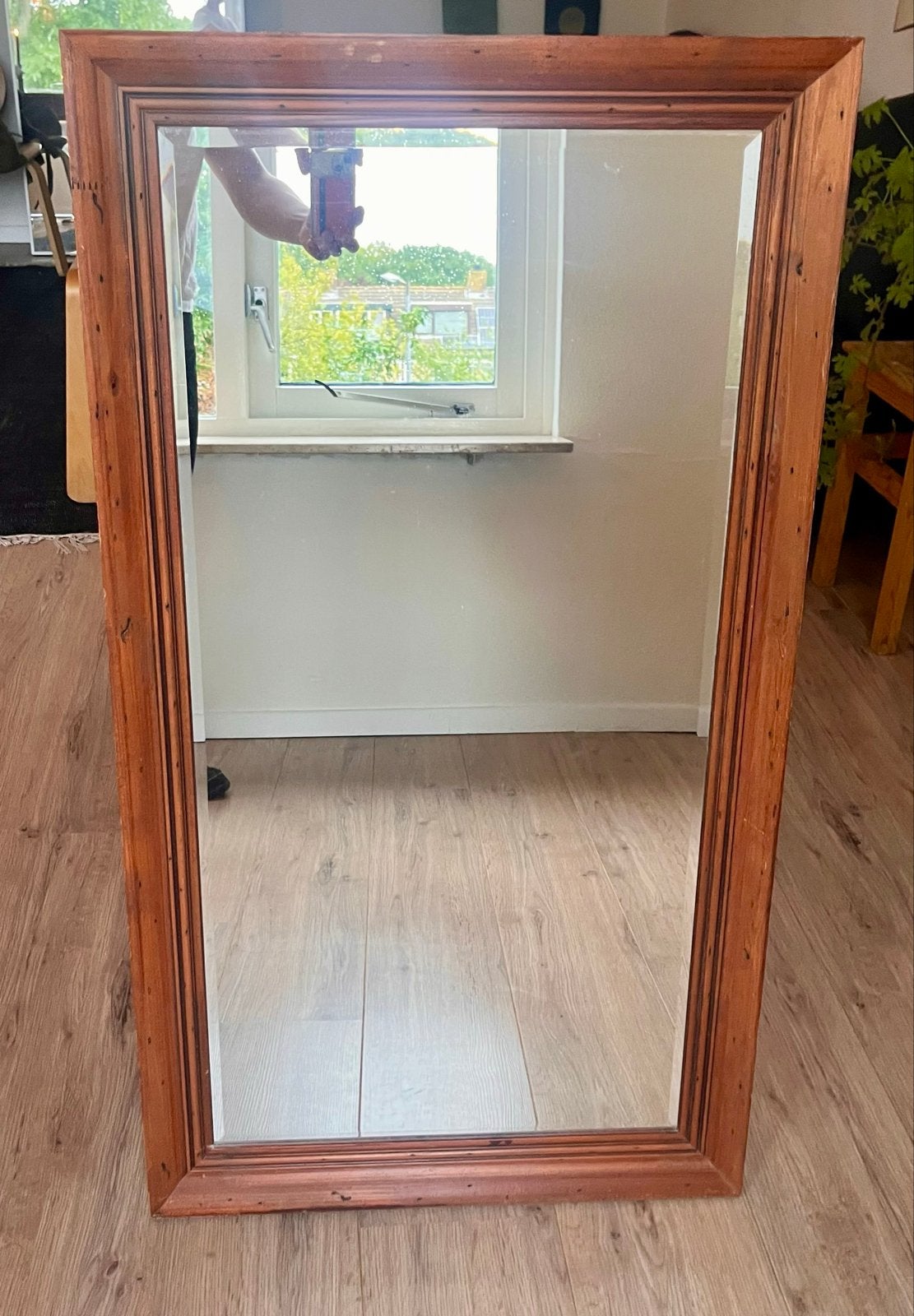 Houten spiegel met geslepen glas (56x101 cm), Ophalen, Gebruikt, 100 tot 150 cm, Rechthoekig
