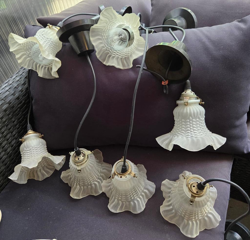 7 witte glazen rok lampjes glas. Antiek. grote fitting., Antiek, Gebruikt, Wit, Rond