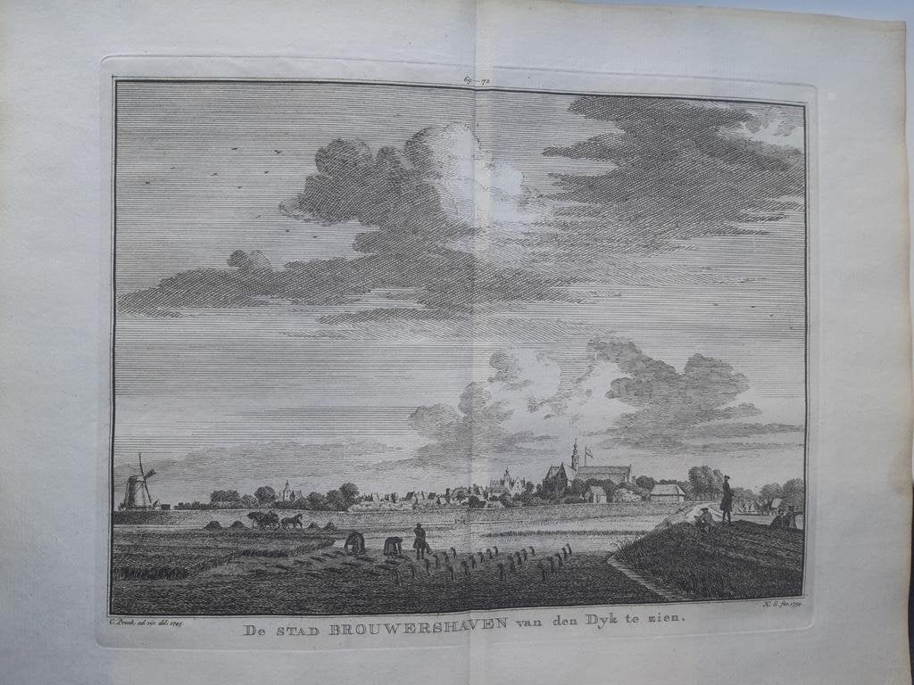 69-72*/ Stad Brouwershaven vanaf de dijk gezien  Gravure, Ophalen of Verzenden