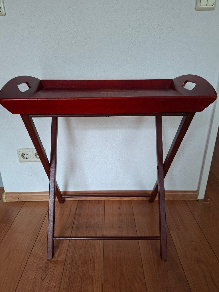 Vintage rood houten dienblad inklapbaar onderstel butlertray, Ophalen, Gebruikt, Dienblad, Met opstaande rand