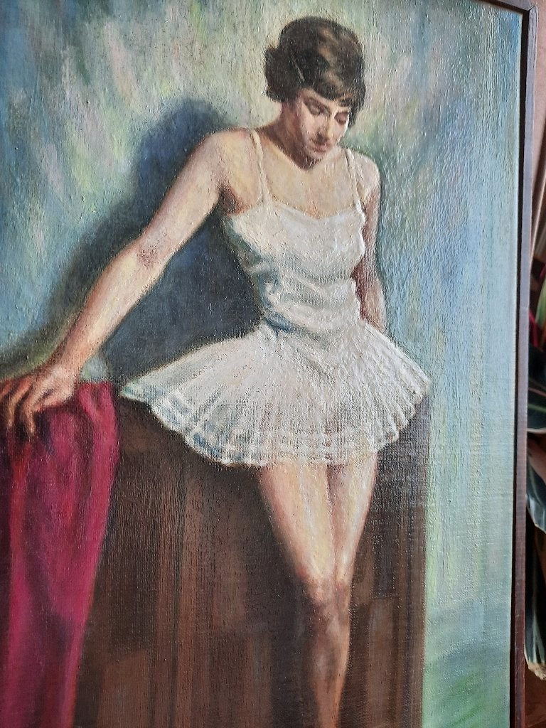 Olieverf schilderij Lou de Groot, Ophalen of Verzenden, Textiel, Olieverf, Portret