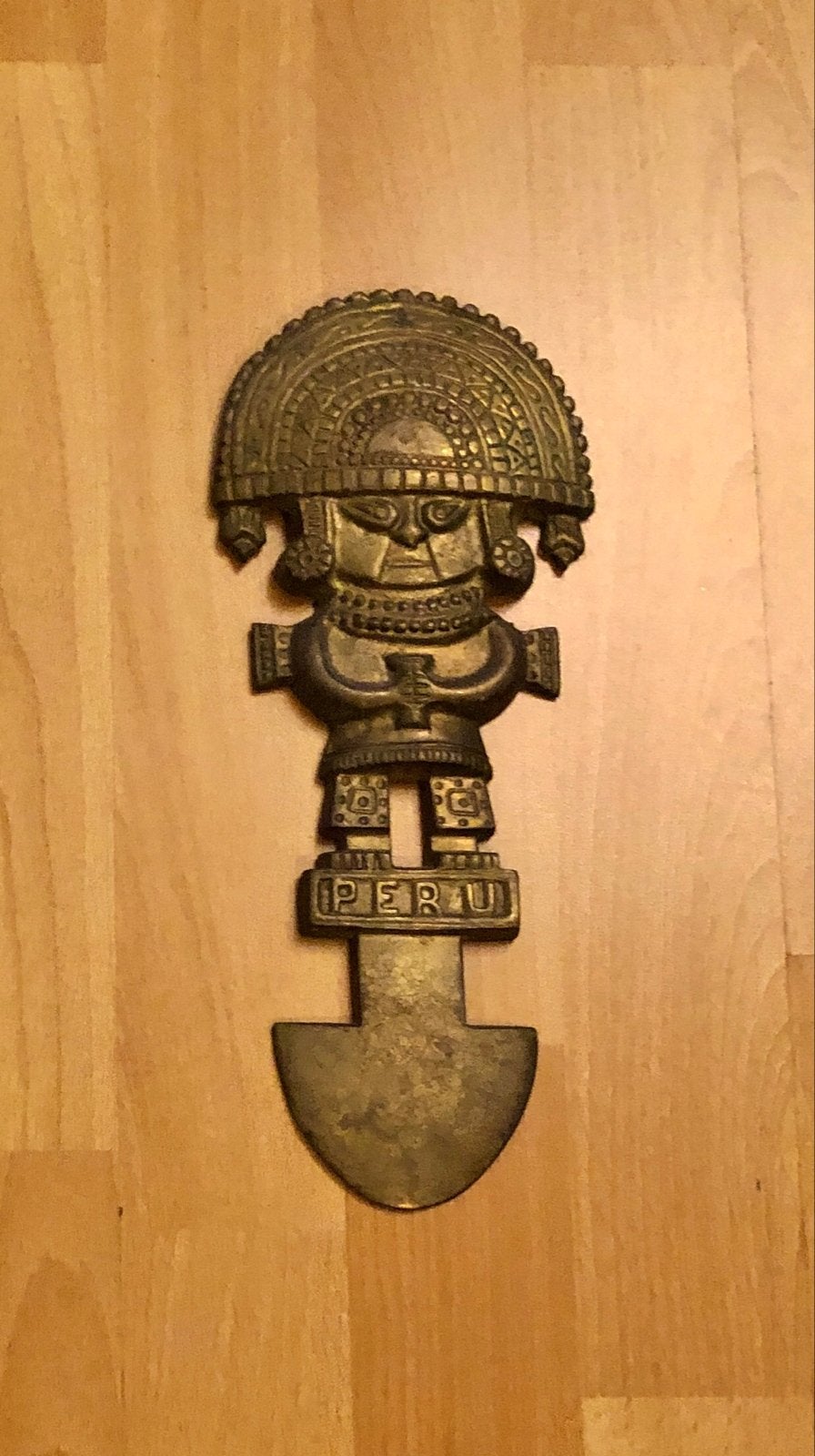 Vintage Peru wanddecoratie - Inca beeldje, Wanddecoratie, Goud, Ophalen of Verzenden, Metaal