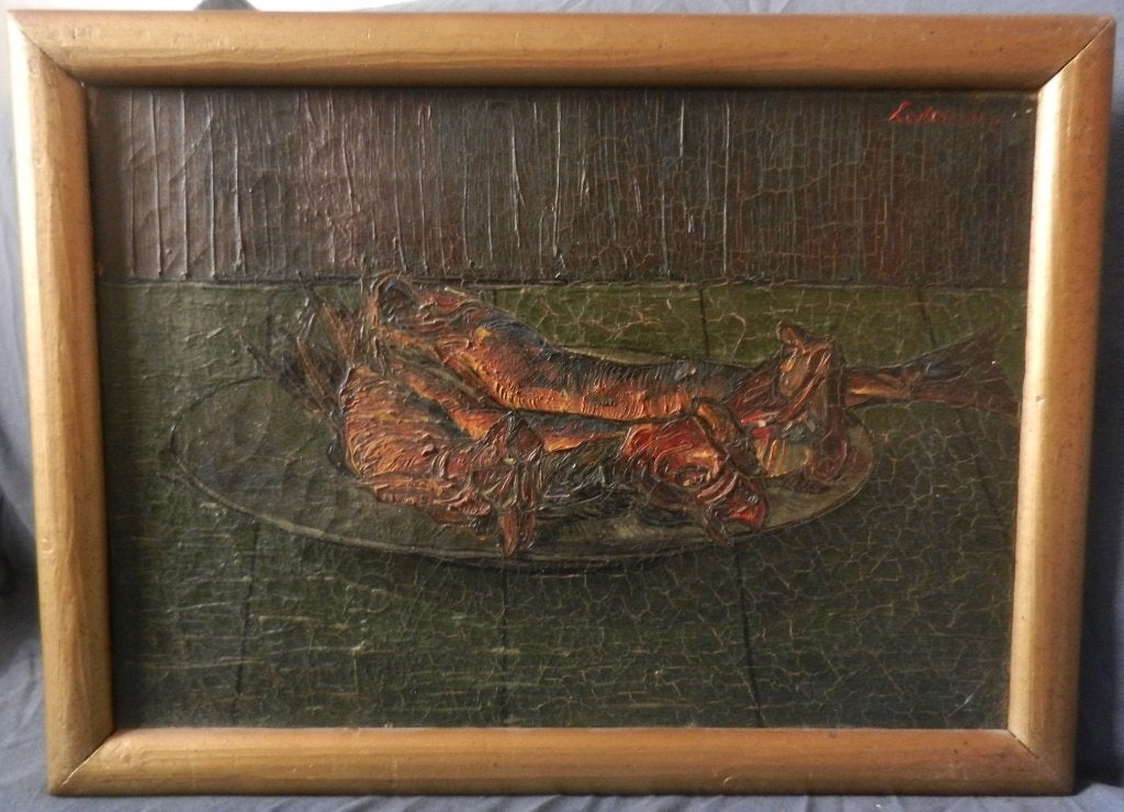 Olieverf Visschen op tinnen schaal Jan Lodeizen 27,7x39,6 cm, Ophalen of Verzenden