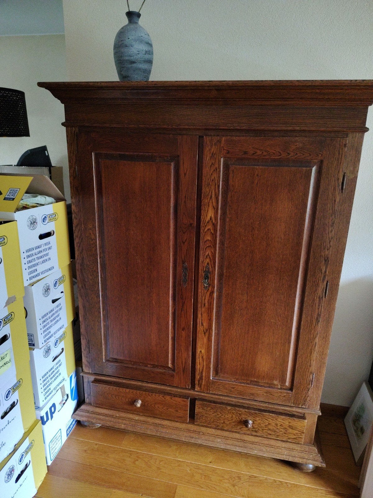 Houten kast met twee lades - 135x50x176 cm, Antiek en Kunst, Ophalen