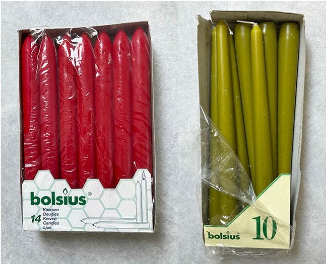 14 rode en 7 groene Bolsius kaarsen, Meerkleurig, Overige merken, Ophalen of Verzenden, 23 cm