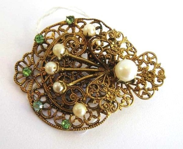 Vintage tsjechische filigrain broche, stenen, parels (1158), Ophalen, Zo goed als nieuw, Goud, Overige materialen