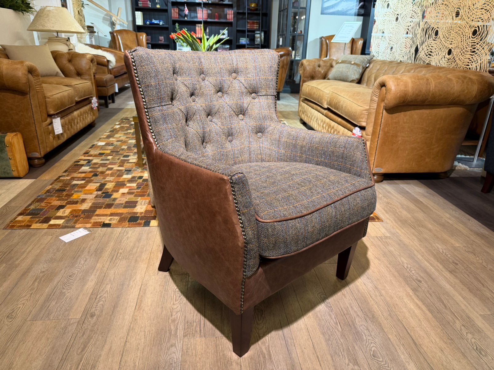 SHEFFIELD CHESTERFIELD FAUTEUIL GENERFD LEER TWEED STOF, Nieuw, 75 tot 100 cm, Ophalen of Verzenden, Stof