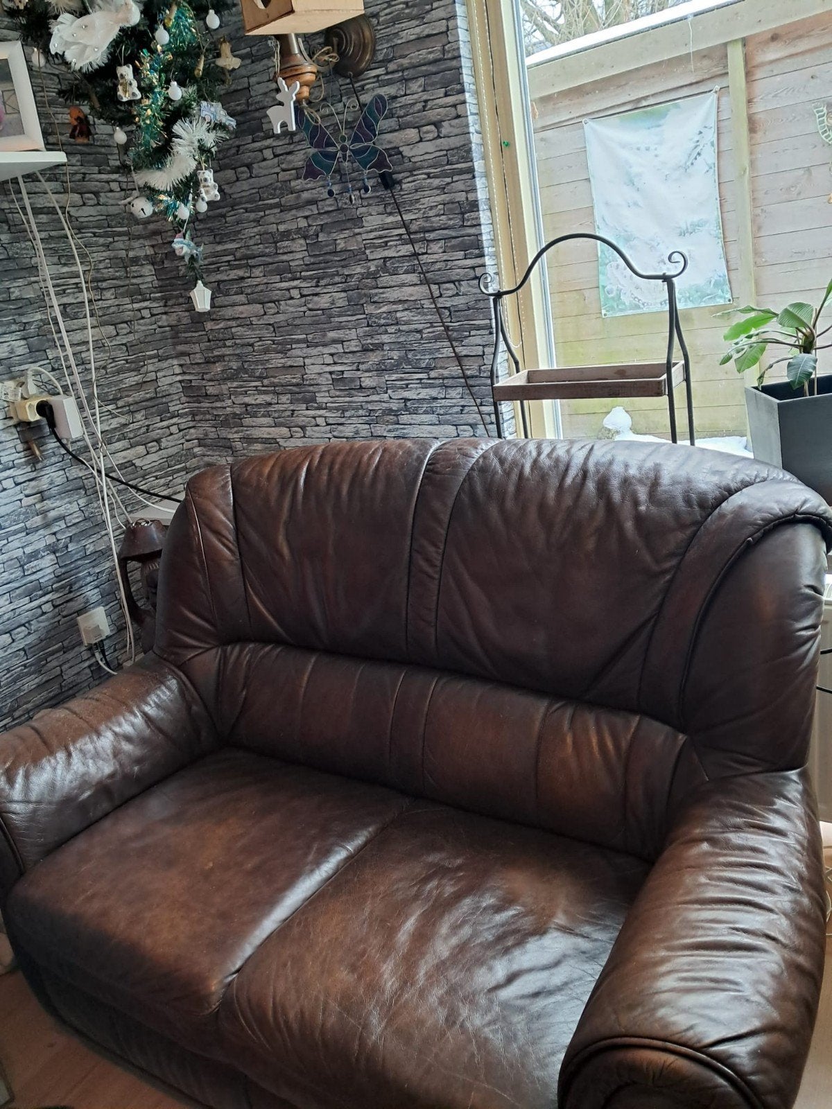 Leren tweezitsbank en 2 fauteuils, Ophalen, Gebruikt, Tweepersoons, Leer