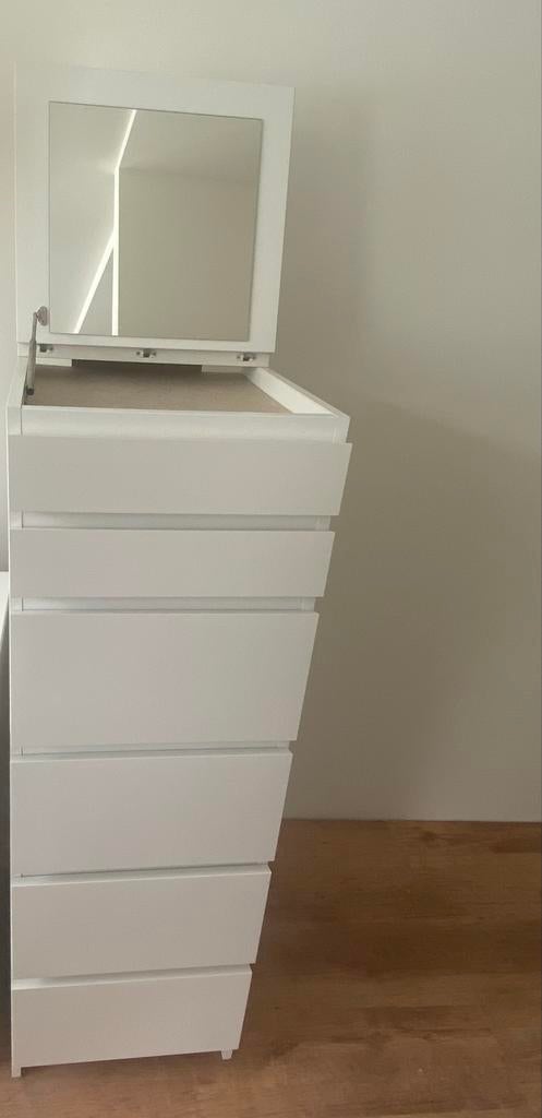 Witte IKEA MALM ladekast met 6 lades en spiegelglas, Ophalen, Minder dan 50 cm, Gebruikt, 5 laden of meer