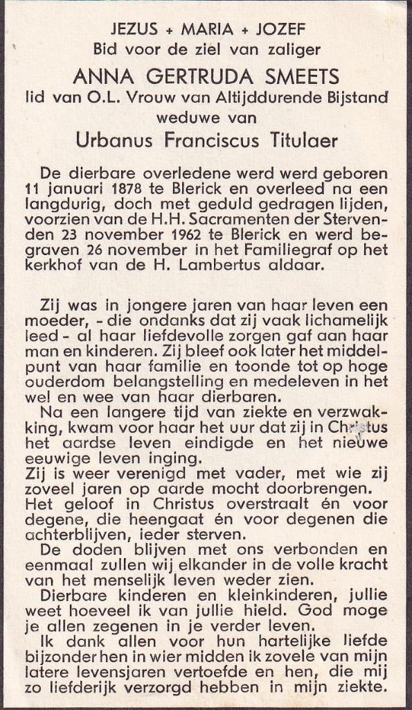 Smeets Anna 1878 Blerick  1962, Ophalen of Verzenden, Bidprentje