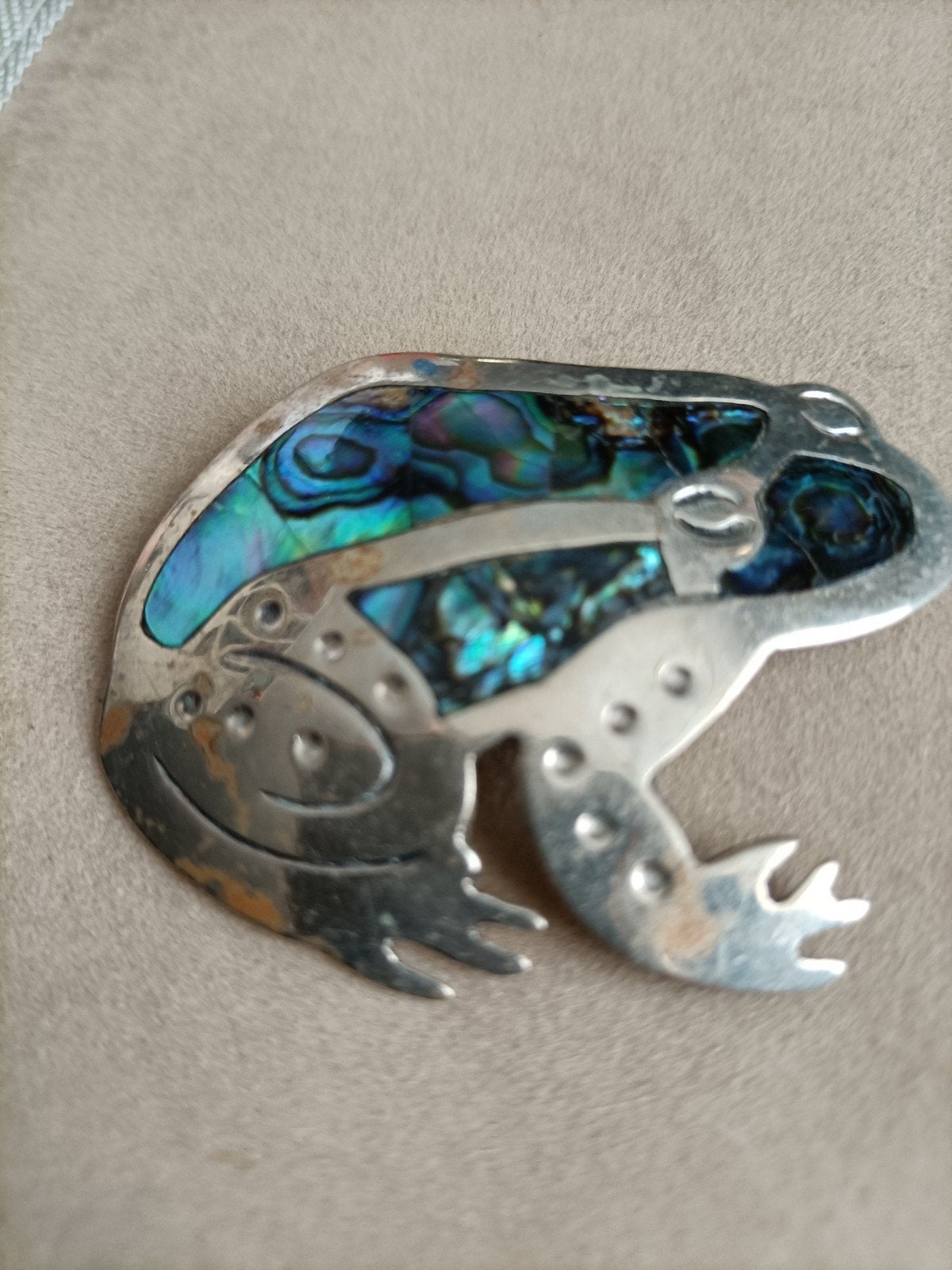 Vintage kikker broche Abalone schelp Alpaca Mexico, Ophalen of Verzenden, Zilver, Overige materialen