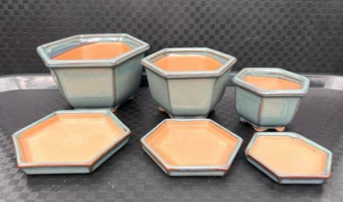 Bonsai schalen set van 3 inclusief onderzetters blauw Japans, Nieuw, Ophalen of Verzenden, Overige vormen, Aardewerk
