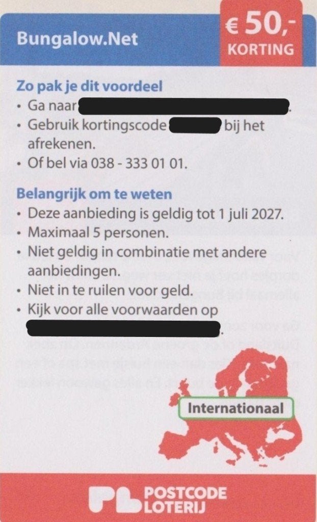 Bungalow € 50,- korting per boeking. Postcodeloterij bon., Tickets en Kaartjes, Kortingen en Cadeaubonnen, Drie personen of meer