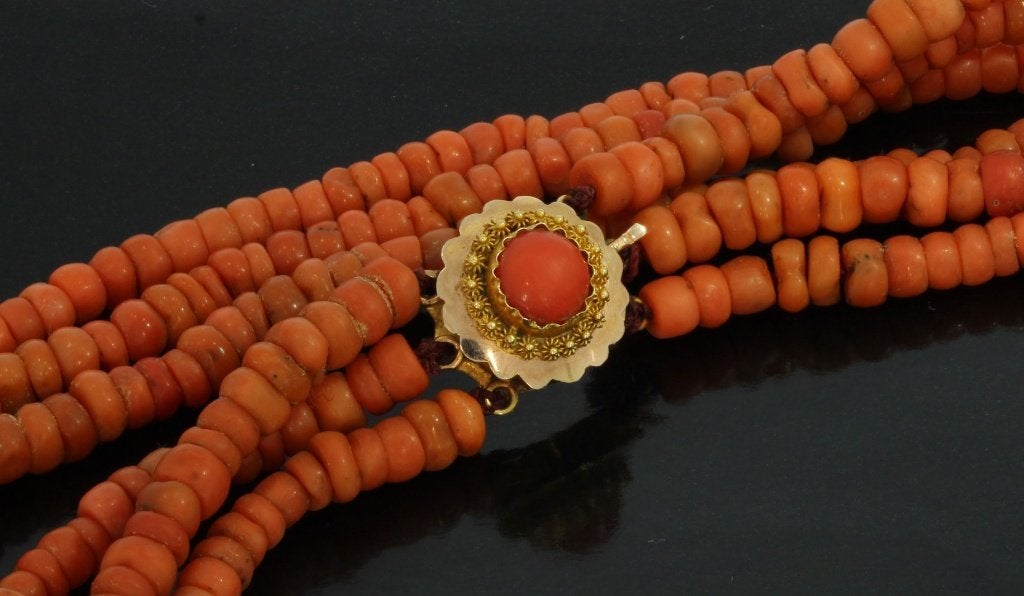 Bloedkoraal antieke ketting 14k gouden fraai slot dames, Verzenden, Goud, Ketting, Met edelsteen