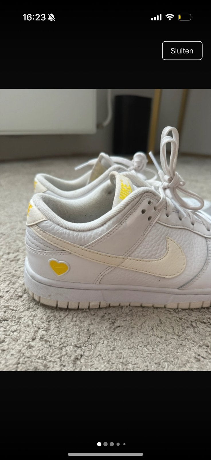 Nike Dunk Low Wit Geel Hartje - Maat 38, Ophalen of Verzenden, Zo goed als nieuw, Wit, Sneakers of Gympen