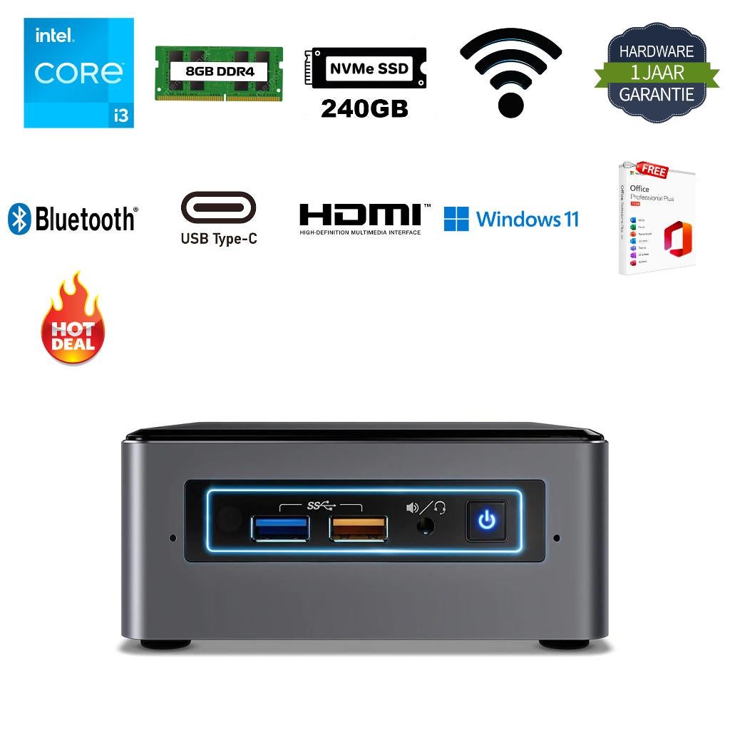 Intel NUC NUC8BEH i3-8109U 3.6GHz 8GB 240GB NVMe Office 24, Computers en Software, Desktop Pc's, 8 GB, Intel, Ophalen of Verzenden