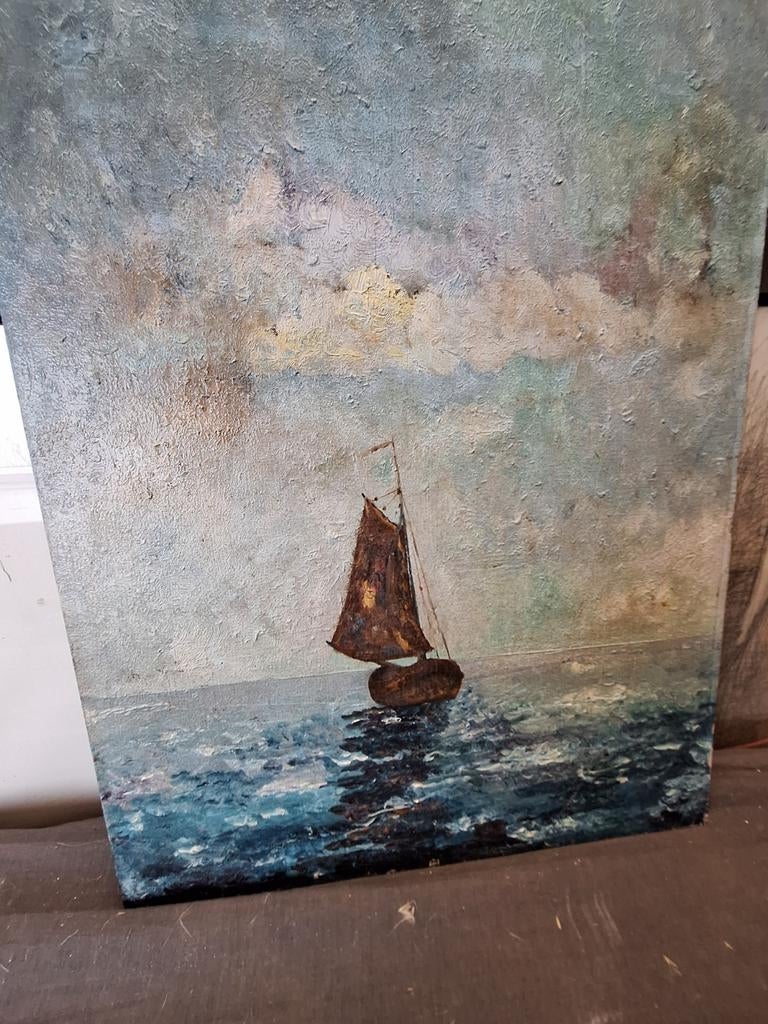 Oud schilderij met zeilboot op zee, Antiek en Kunst, Kunst | Schilderijen | Klassiek, Ophalen of Verzenden