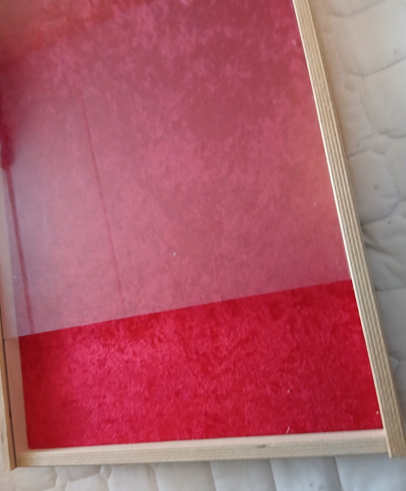Houten vitrine met rood fluwelen achtergrond, Ophalen of Verzenden, Glas, Rood, Fotolijst