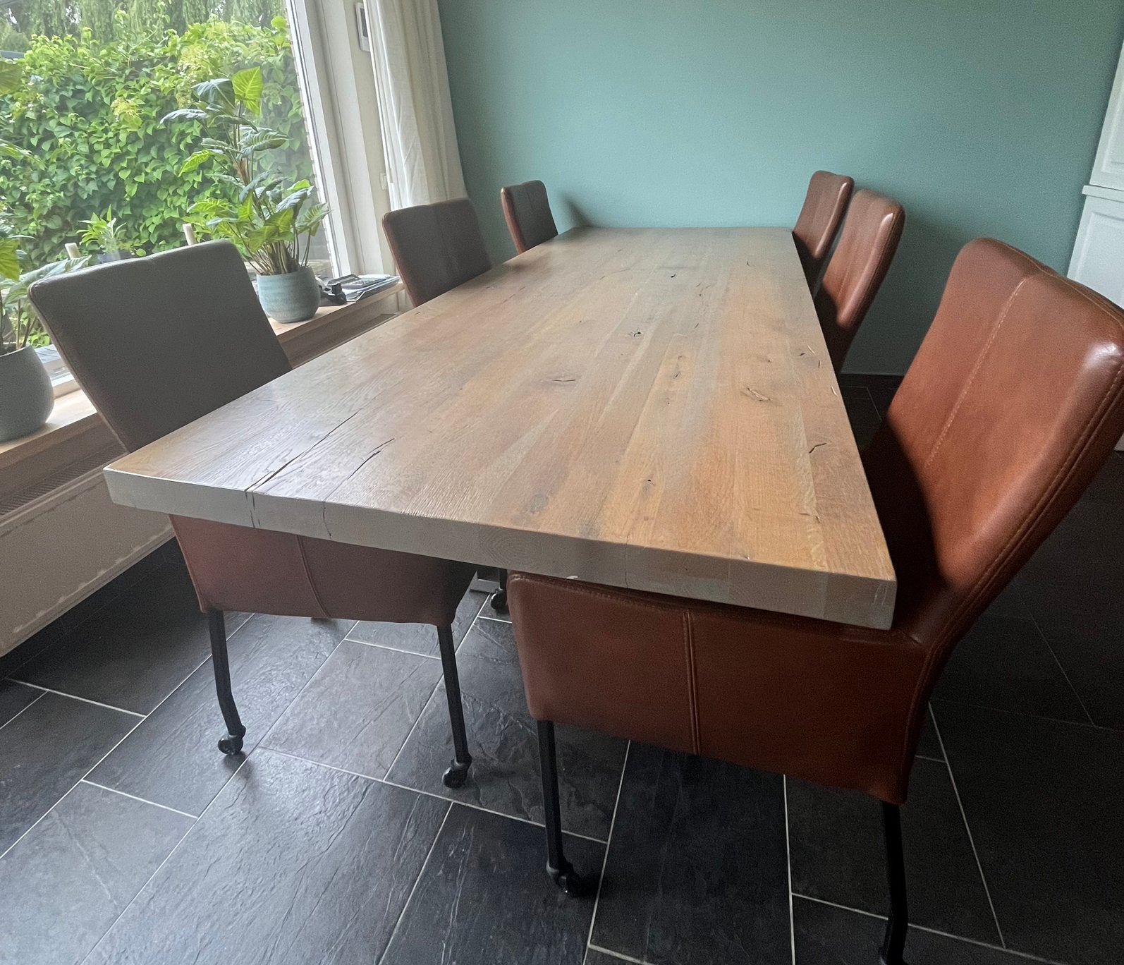 Eettafel, 2.40m, eikenhouten blad met dito salontafel, Ophalen, Gebruikt, Eikenhout, 200 cm of meer