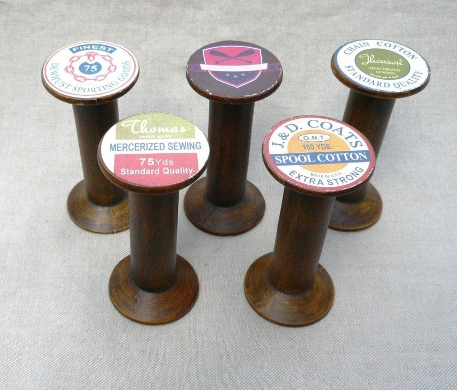 5 antieke (katoen)draad spoelen 12 cm met reclame. (leeg)., Ophalen of Verzenden, Gebruikt, Gebruiksvoorwerp