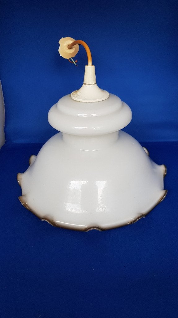 Vintage hanglamp, opaline glazen kap, wit met bruin. 6B11, Tweedehands verkoop, Tweedehands verkoop, Gebruikt, Ophalen of Verzenden
