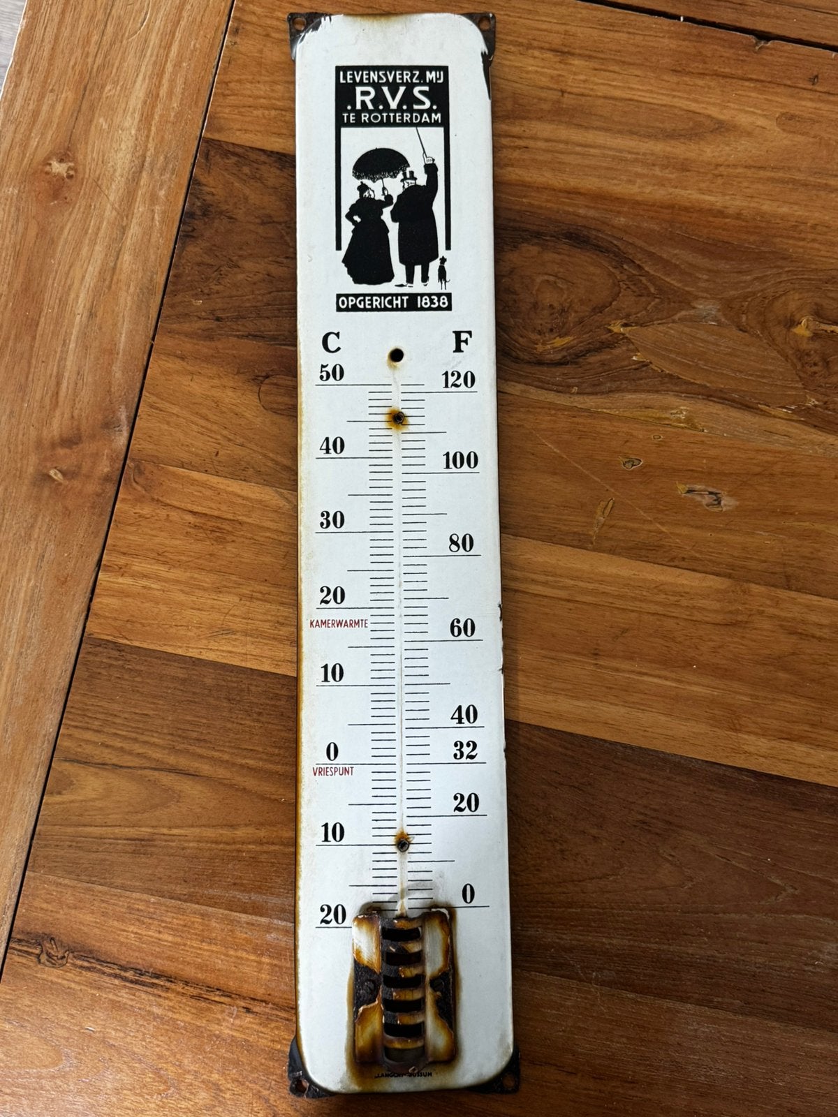 Rvs verzekeringen emaille thermometer langcat bussem, Ophalen of Verzenden, Zo goed als nieuw