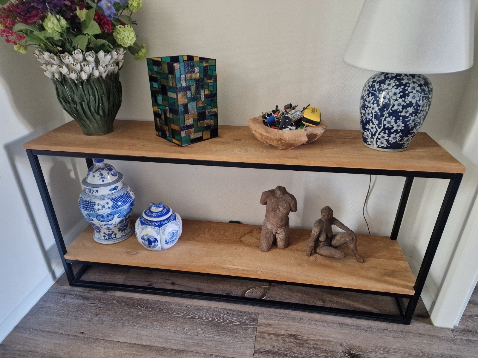 Sidetable hout en staal 160 x 37.5 x 75 cm, Huis en Inrichting, Gebruikt, 150 tot 200 cm, Industrieel, Ophalen