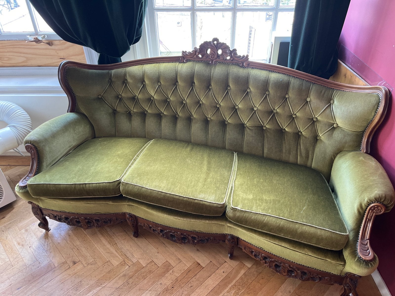 Prachtige vintage barok bank – groen velours – houtsnijwerk, Antiek en Kunst, Ophalen