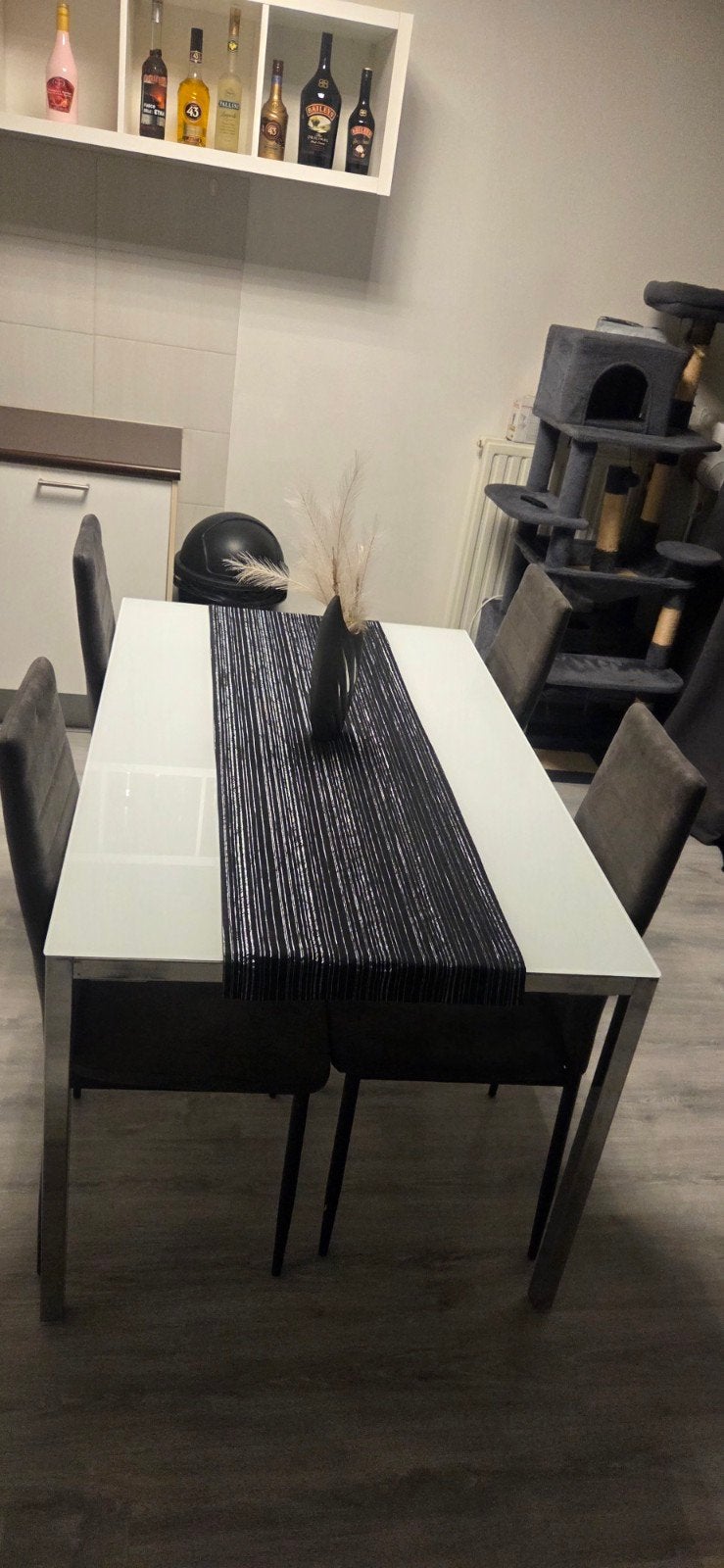 Ikea glazen eettafel met 4 stoffen stoelen, Ophalen, Gebruikt, Vier personen, Glas