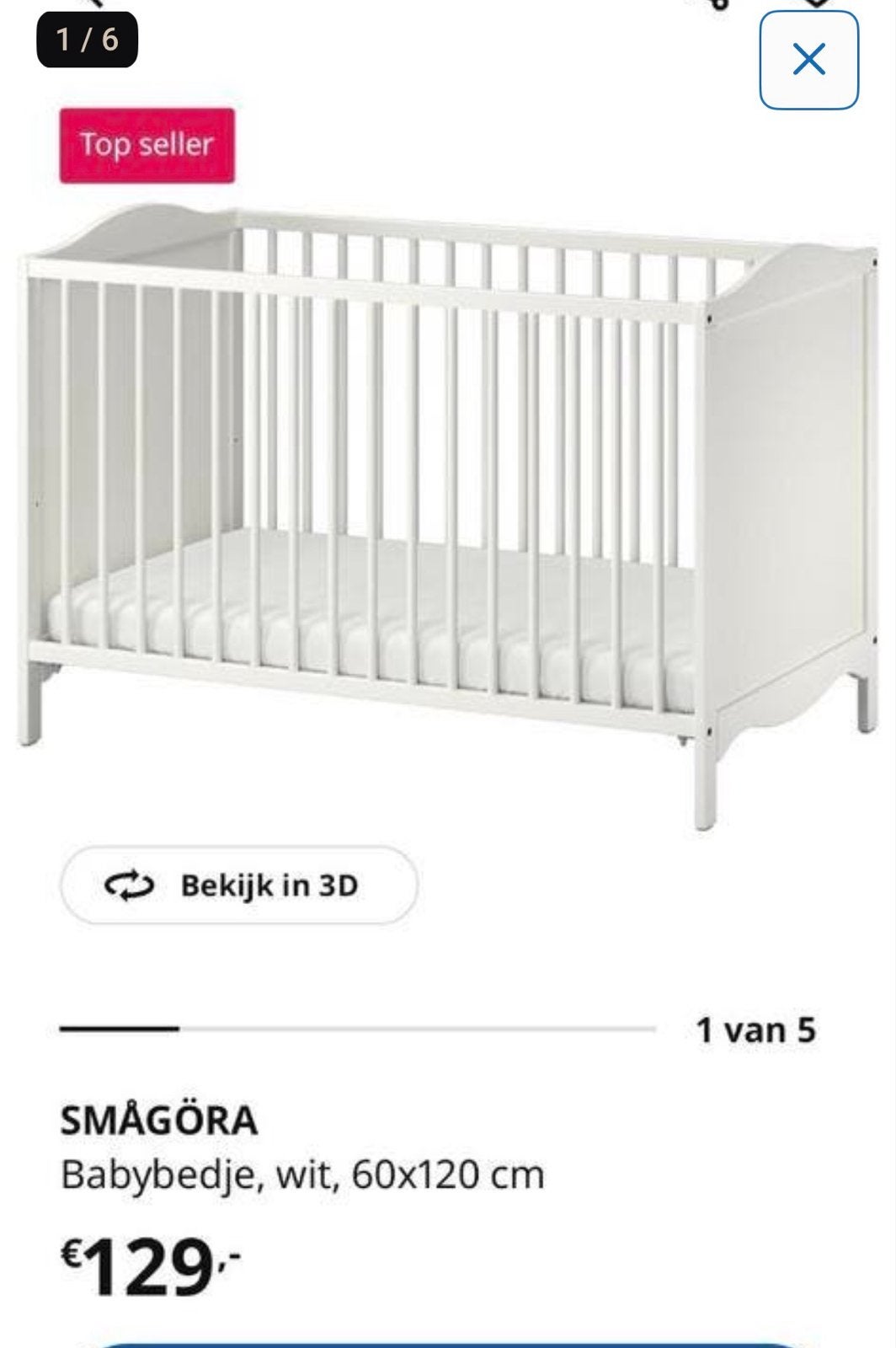 IKEA SMÅGÖRA Babybedje wit 60x120 cm met matras, Kinderen en Baby's, Babywiegjes en Ledikanten, Ophalen, Gebruikt, Ledikant