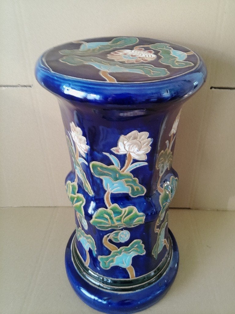 Vintage zuil plantenzuil kobaltblauw met lotusbloemen 53cm, Huis en Inrichting, Ophalen of Verzenden, Zo goed als nieuw, Onbekend