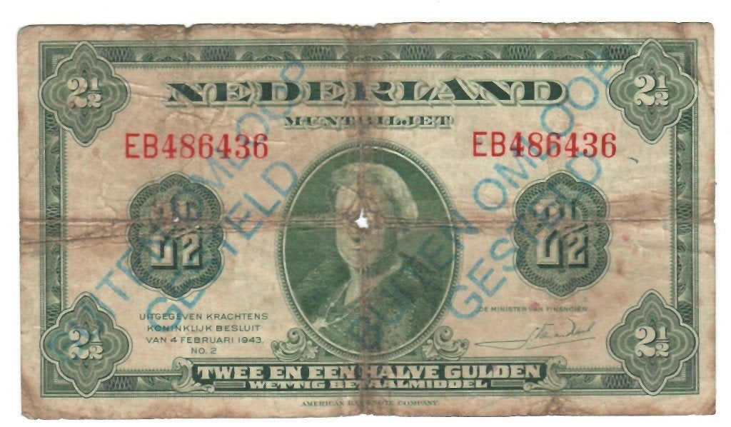 Muntbiljet 2,5 gulden 1943 - Buiten Omloop, Postzegels en Munten, Bankbiljetten | Nederland, Verzenden, 2½ gulden, Los biljet