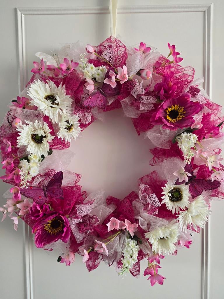 Roze en Witte Bloemen krans met Vlinders, Ophalen of Verzenden, Nieuw