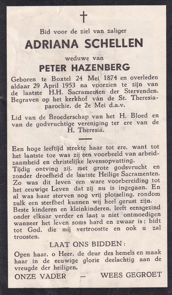 Schellen Adriana 1874 Boxtel 1953, Ophalen of Verzenden, Bidprentje