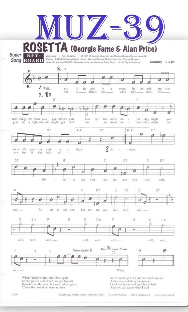 Muz39 Bladmuziek Super song Rosetta ( Georgie Fame, Orgel, Gebruikt, Ophalen of Verzenden, Artiest of Componist