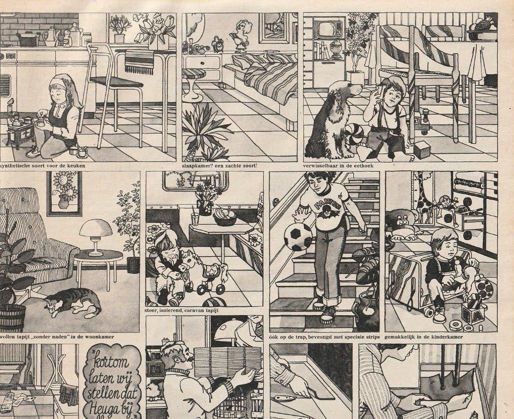 Retro reclame 1974 Heuga tegels Scherpenzeel stripje, Verzamelen, Verzenden, Overige typen