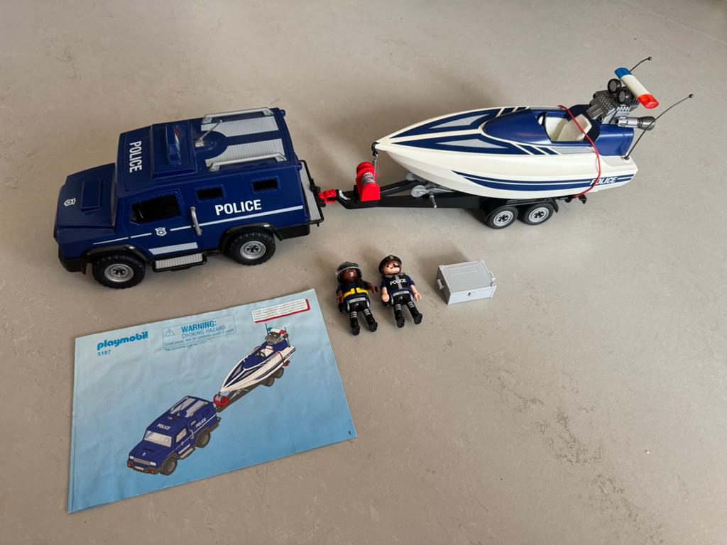 Playmobil Politietruck met Speedboot 5187, Ophalen of Verzenden, Zo goed als nieuw, Complete set