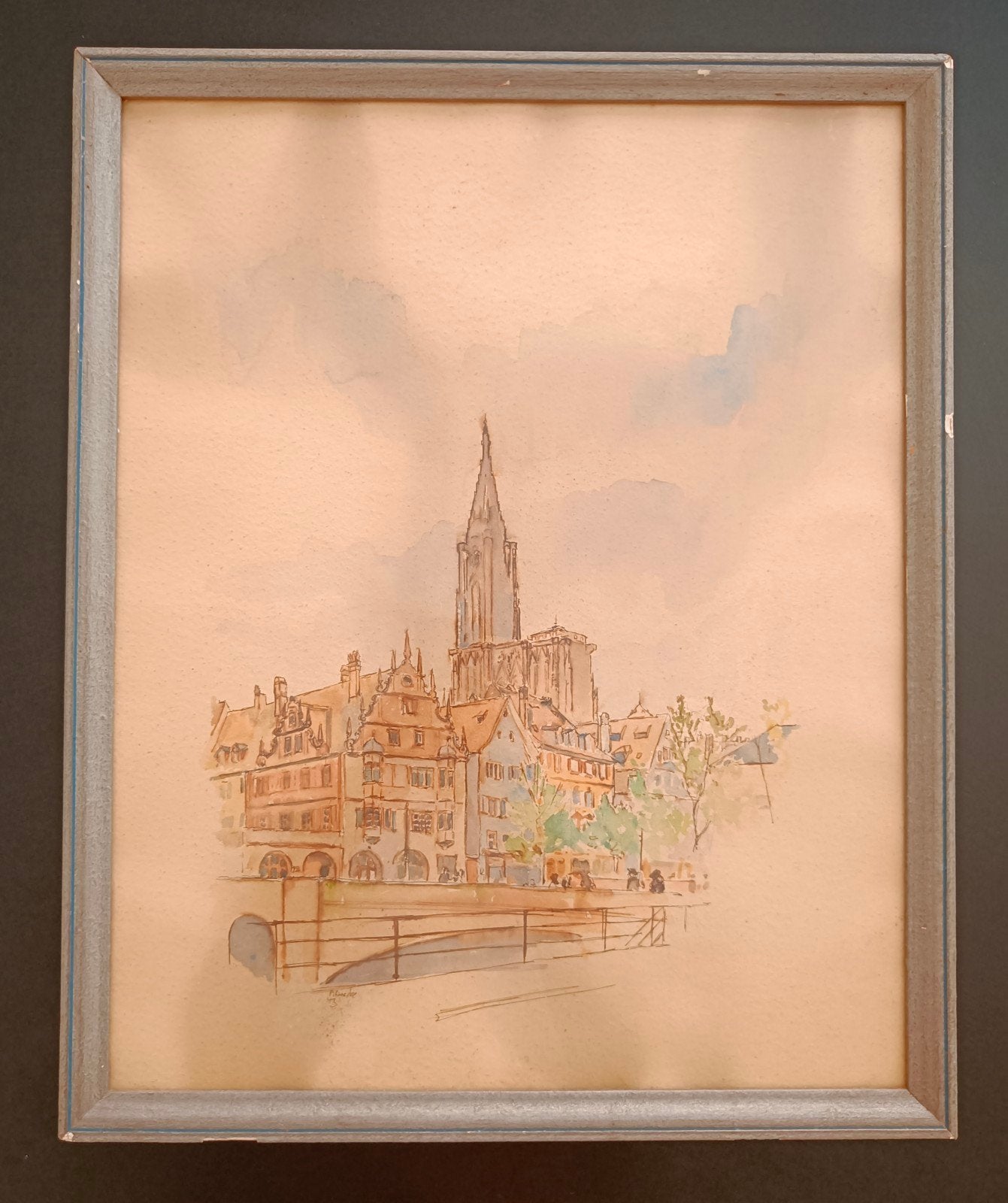 Aquarel Kathedraal Straatsburg '43, Antiek en Kunst, Ophalen of Verzenden, Tekening, Aquarel, Ingelijst