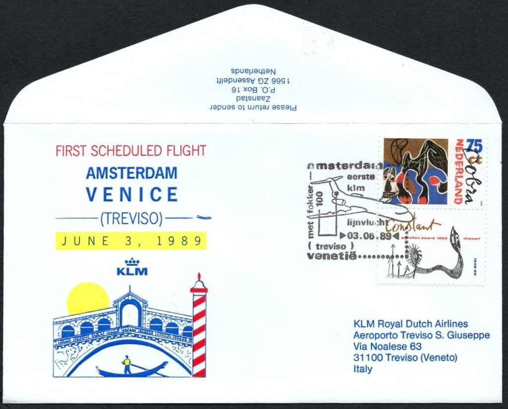 1e KLM vlucht Venetië (Treviso) Italië 1989, Verzenden, Envelop